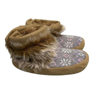 Joe Fresh Slippers Girls Size 9.5 Brown Faux Fur Bootie Fair Isle Cozy